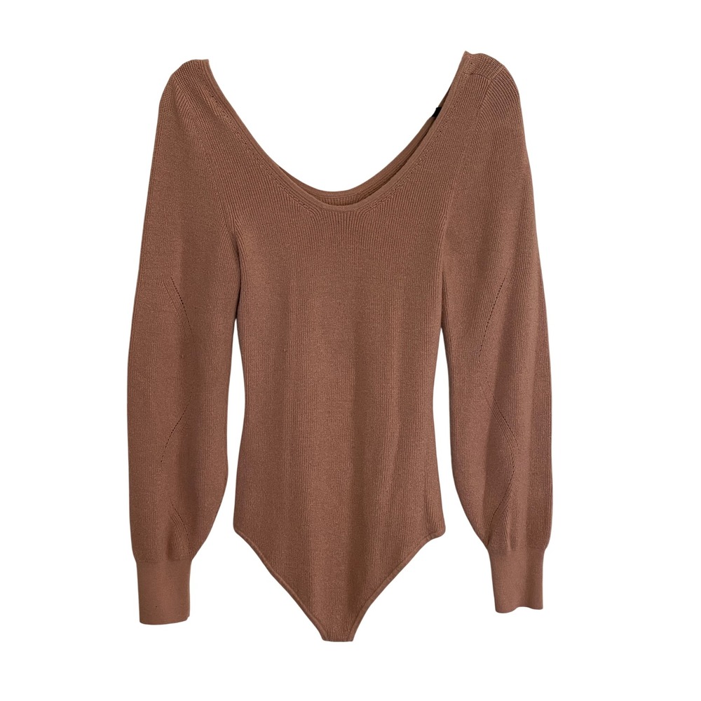 Abercrombie & Fitch Womens‎ Ribbed Knit V-Neck Balloon Sleeve Bodysuit Brown L